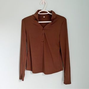 Dark Brown Collared Henley Long Sleeve Top (M)